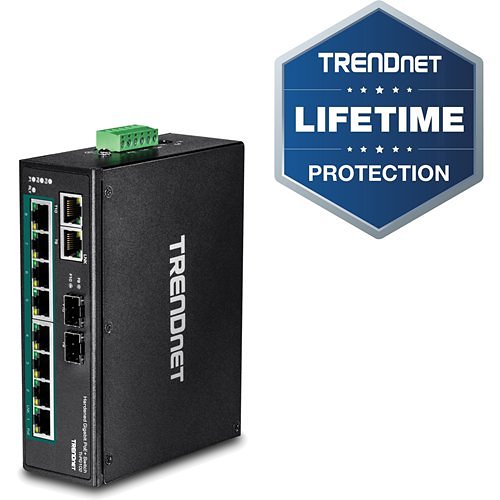 TRENDnet 10-Port Industrial Gigabit PoE+ DIN-Rail Switch, 8 x Gigabit PoE+ Ports, DIN-Rail Mount, 2 x SFP Slots, 240W PoE Power Budget, Network Switch, IP30, QoS, Lifetime Protection, Black, TI-PG102