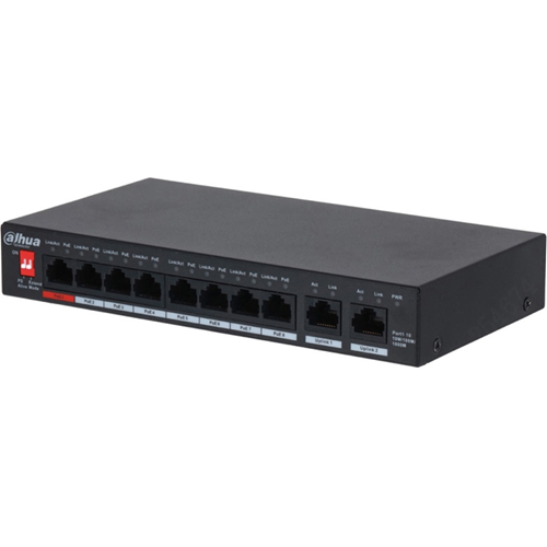 Dahua 10 Ports Ethernet-switch - 2 Lager som stöds - 5 W Power Consumption - 96 W PoE-budget - TP / tvinnat par - PoE Ports - Skrivbord, Monterbar på vägg